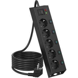 Multiprise 4 Prises avec 5 Interrupteurs Individuelles, Multiprise Electrique Surtension 1050J et Rallonge Electrique 2M - Neuf