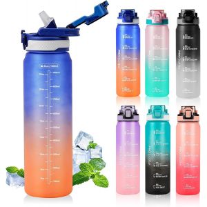 Bouteille D'eau De Sport De 1 L Avec Paille, Bouteille D'eau En Plastique De 1 Litre Avec Marquages De Temps, Bouteille D'eau Anti-Fuite Sans Bpa Pour Salle De Sport, École, Bureau, Voyage - Neuf