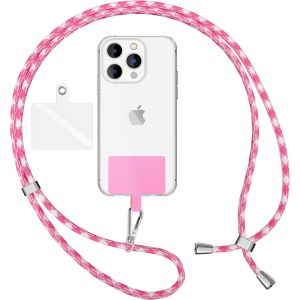 KAL-Lanière Universelle Coloré Pour Telephone Portable, Cordon Tour De Cou Pour Smartphone, Porte Clef Chaine Réglable Avec Crochet Métallique E Carte, Sangle Pour Épaule, Couleur:Rose Blanc - Neuf