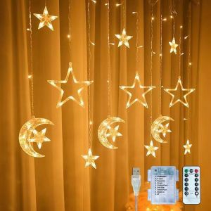KAL-Étoiles Lune Rideau Lumières,Guirlande Lumineuse En Forme D'Étoile,Guirlandes Lumineuses Étoile Lune,Lune Rideau Lumineux Ramadan,Rideau Étoiles Led,Rideau Lumineux Étoile Lune - Neuf