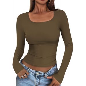 Utigh-Tee Shirt Femme Chic Et Élégante Col Carré T Shirt Manche Longue Femme Moulant Couleur Uni Tunique Top - Neuf