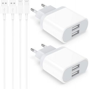 Chargeur For Iphone, 4-Pack Prise Usb Et Cable 2M For Iphone Xr X Xs 8 7 6 6S Plus 11 12 13 14 Pro Max Mini Se 5S 5 5C, Pad, Charger 10.5W Usb Secteur - Neuf