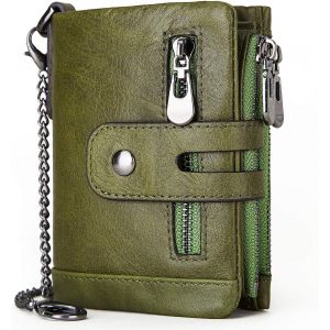 Portefeuille Pour Homme Avec Cha&icirc;ne Bloquant Rfid Portefeuille En Cuir V&eacute;ritable &Agrave; Deux Volets Avec Porte-Cartes De Cr&eacute;dit Et Poche Zipp&eacute;e Pour Pi&egrave;ces De Monnaie,Vert,Moderne - Neuf