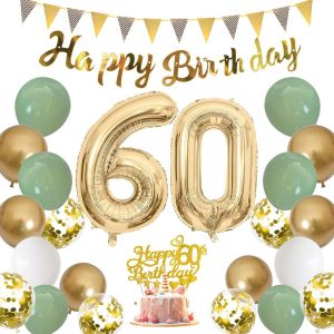 SJZG-D&eacute;coration D'Anniversaire 60 Ans Vert Sauge Pour Femmes Et Hommes - Ballons De F&ecirc;te Avec Banni&egrave;res - D&eacute;coration De G&acirc;teau Pour Le 60E Anniversaire - Neuf