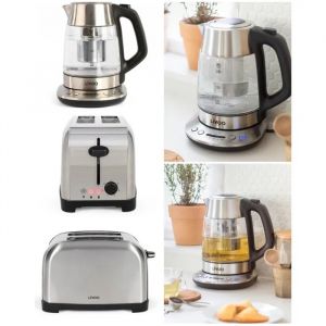 Bouilloire Inox Verre th&eacute;i&egrave;re automatique - 1,7 L - 2200 W - &Eacute;cran LCD- Grille-pain Inox 2 fentes - Neuf