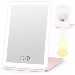 Kal-Miroir Maquillage Lumineux, 5x Miroir Grossissant Lumineux, 3 Variable Couleurs Écran Tactile Miroir Led, Usb Rechargeable Miroir Coiffeuse Pour Le Voyage (Rose) - Neuf
