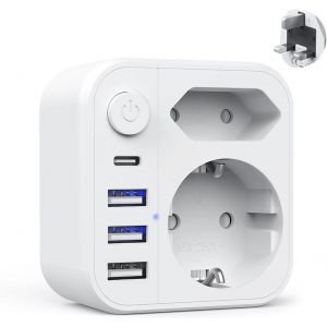 YTFHG-Adaptateur Prise Anglaise vers France Type G Multiprise avec Interrupteur,3 USB et 1 USB C,Adaptateur Universel de Voyage Accessoires Prise Internationale Chargeur UK Angleterre Irlande Dubai - Neuf