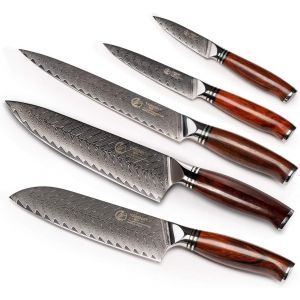 Set Couteau Cuisine 5 Pièces,Acier Damas 73 Couches Couteaux De Cuisine Professionnels,Avec Bois De Santal Poignée,Ensemble De Couteau De Chef Pour Coupe Viande Légumes Fruits - Neuf