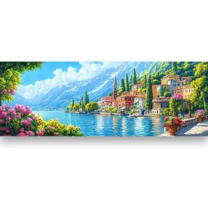 Trahoo-5d Diy Grand Diamond Painting Kits Paysage, Ville Au Bord Du Lac Broderie Diamant Kits De Broderie Au Point De Croix Strass Rond Résine Peinture Décor À La Maison 30x80 Cm - Neuf