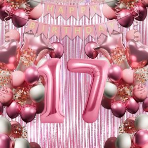Decoration Anniversaire 17 Ans Fille,Rose-Blanc Anniversaire Ballon Set Avec Num&eacute;ro Xxl 17,40 Latex Ballons,Happy Birthday Banner Etc,D&eacute;coration De F&ecirc;te Pour 17 Ans Jeune Femme - Neuf