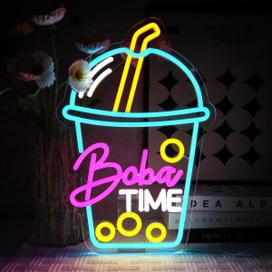 - Panneau Led N&eacute;on Boba Time - Pour Caf&eacute;, Bar, Restaurant, Magasin, Boba, Th&eacute;, F&ecirc;te, Magasin De Boissons, Pub, Club, D&eacute;coration - 42 X 28 Cm - Acrylique - Montage Mural - Neuf