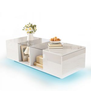 Table basale en blanc avec eclairage LED et plateau laque brillant, 120x50x38,5 cm - Neuf