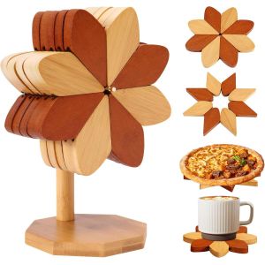 Jexnovashop-Lot De 5 Dessous De Plat En Bambou, Dessous De Plat Bois En Forme De Moulin &Agrave; Vent, 5 Dessous De Plats Et 1 Support, Sous Plat De Table R&eacute;sistant &Agrave; La Chaleur Pour Po&ecirc;les, Bols, Th&eacute;i&egrave;res - Neuf