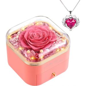 Trahoo-Rose Eternelle Pr&eacute;serv&eacute;e Vraie Fleur F&ecirc;te Des M&egrave;res Pour Maman Cadeau Original Avec Collier Pour Femmes &Eacute;pouseidee Cadeau Avec Bijoux Saint Valentin Anniversaire No&euml;l(Rosa) - Neuf