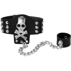 Kal-Bracelet Tête De Mort En Cuir Avec Anneau : Bracelet En Cuir Noir Large Manchette Halloween Poignet Hip Pop Punk Vintage Gothique Fête Bijoux Pour Hommes Femmes Costume Cosplay, Cuir - Neuf