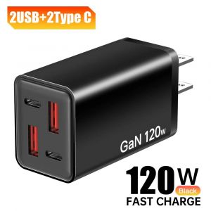 120W USB C chargeur GaN PD QC3.0 charge rapide adaptateur de chargeur de t&eacute;l&eacute;phone pour iPhone 16 Samsung Xiaomi Huawei chargeur mural multi-ports--US Plug Black - Neuf