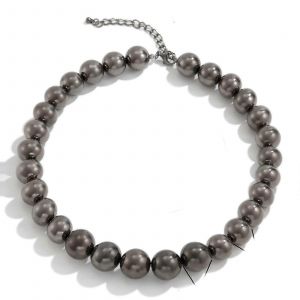 Collier Pour Homme &Agrave; Cha&icirc;ne De Perles Longues De 15 Mm Avec Fermoir Mousqueton, Couleur Noire - Bijou De Perles R&eacute;sistant Pour Un Usage Quotidien - Neuf