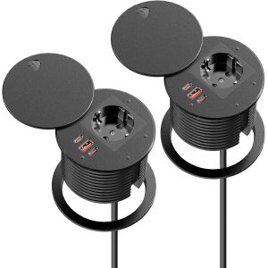Lot de 2 prises encastrables avec 2 USB C PD 35 W et USB A QC 30 W - Multiprise encastrable avec USB et couvercle - Prise escamotable pour meubles, plan de travail, c&acirc;ble de 1,8 m, noir - Neuf