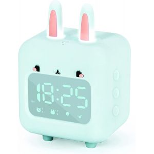 Réveil numérique pour enfants, lapin avec veilleuse, minuterie et fonction répétition, horloge de chevet rechargeable par USB, pour chambre de filles et garçons, cadeau d'école, vert - Neuf
