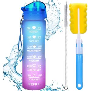 Flacon D'eau Xacioa 1l 32oz Avec Paille Et Marqueur De Temps D'excitation,Bouteille De Sport De Boisson En Plastique Tritan Étanche,Camping,Randonnée Sans Bpa.[B90] - Neuf