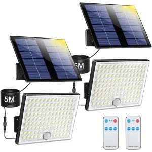 Lampe Solaire Ext&eacute;rieur D&eacute;tecteur De Mouvement, Lumi&egrave;re Solaire Ext&eacute;rieure Avec T&eacute;l&eacute;commande, 2000 Mah 3 Modes &Eacute;tanche Ip65 &Eacute;clairage Solaire Ext&eacute;rieur Jardin Avec C&acirc;ble De 5m, 2 Pi&egrave;ces - Neuf