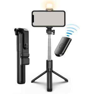 Trépied Smartphone Avec Lumiere,Extensible Selfie Stick Trépied,Perche À Selfie Trépied Rotation À 360°,Trepied Telephone Portable,Trépied Téléphone Avec Télécommande Pour Enregist[Hdm5234854] - Neuf