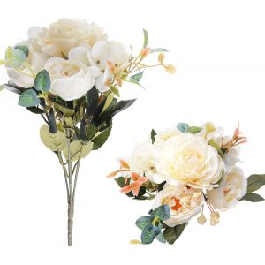 Lot de 2 bouquets de pivoines artificielles blanches élégantes pour mariage, fête, décoration d'intérieur, compositions florales, décoration de jardin, bureau - Neuf