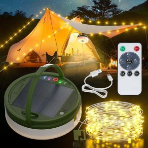 KAL-Guirlande Lumineuse Exterieure Pour Camping, 10M 8 Modes Led Étanche Guirlande Solaire Exterieur Usb Rechargeable Portable Camping Lumineuse Pour Tente Jardin Terrasse Cour Mariage Décoration - Neuf