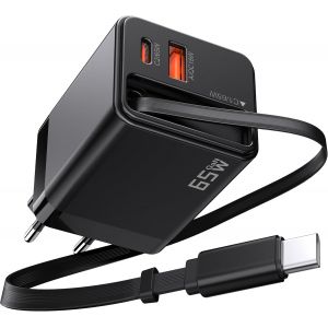 JGD-Chargeur USB-C GaN 65 W 3 Ports Chargeur Rapide avec C&acirc;ble de Recharge R&eacute;tractable de 65 cm Chargeur pour iPhone 17, 17 Air, 16, 15, Pro Max, iPad, MacBook, Samsung Series (Noir) - Neuf