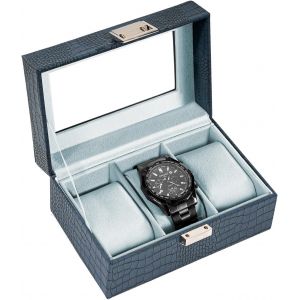Kal-Boite À Montre Antichoc, Coffret Montre Homme Avec 3 Emplacements Coussins Montre, Rangement Montre Avec Couvercle En Verre, Pour Passionné D`Horlogerie -Bleu - Neuf