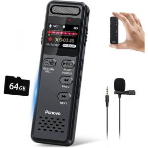 Enregistreur Vocal Num&eacute;rique 95GB Ponovo, Dictaphone Vocale avec Microphone Externe, Portable & S&eacute;curis&eacute;. - Neuf