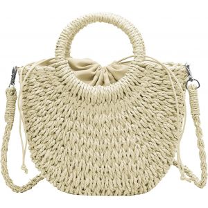 TZF-Sac à main en paille d'été pour femme - Sac tissé à la main - Poignée supérieure - Sac à main en paille - Bandoulière amovible - Pochette - Sac de plage d'été - Sac à bandoulière tressé - - Neuf