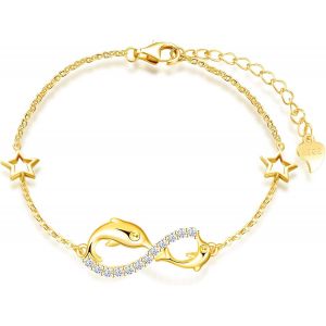 Eryi-Bracelet En Argent 925 Pour Femme Et Fille - Symbole De L'infini Avec Dauphin Mignon, Décoré De Diamant, C?ur Ou Étoile - Zircon Incrusté, Or, Élément Animal - Neuf