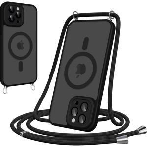 Maa-Coque Magnétique Pour Iphone 16 Pro Avec Cordon, [Compatible Avec Magsafe] Etui Translucide Mat Arrière Anti-Jaunissement Antichoc Réglable Portable Lanyard Case Protection, Noir - Neuf