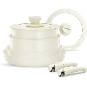 Subzonal-Set Poele Et Casserole Induction C&eacute;ramique Antiadh&eacute;sif 8 Pi&egrave;ces Avec 2 Poign&eacute;es Amovibles Et 2 Couvercle, Po&ecirc;les 20/28 Cm, Casserole 16/20 Cm, Tous Feux Dont Induction, Aluminium, Beige - Neuf