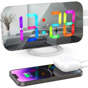 R&eacute;veil Num&eacute;rique avec 11 RGB Couleurs LED Affichage, Grand Miroir &Eacute;cran Horloge Num&eacute;rique avec Luminosit&eacute; R&eacute;glable, 2 Ports de Charge USB, Snooze, 12/24H, Facile &agrave; Lire R&eacute;veil Matin, Noir - Neuf