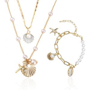 Jum-Colliers De Coquillages 2 Pi&egrave;ces,Bracelet De Coquillages 1 Pi&egrave;ce,Collier De Coquillages Perl&eacute;s,Collier Boho,Bijoux Pendentif Coquillage,Collier R&eacute;glable,Bijoux De Vacances &Agrave; La Plage - Neuf