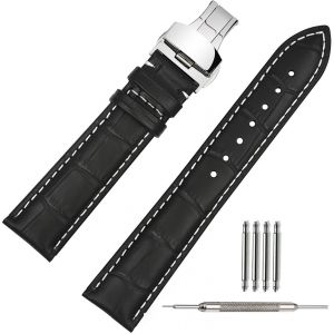 Kal-Montre Bracelet En Cuir 20mm - Noir Bande En Cuir De Veau Pour Homme Femme Vintage Retro - Bracelet De Montre Remplacement Avec Boucle D&eacute;ployante En Acier Inoxydable - 18mm 19mm 21mm 22mm - Neuf
