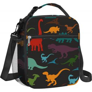 Sac Isotherme Repas Enfant Noir Dinosaure, Petit Sac Lunch Box Portable Mit Porte-Bouteille, Sac Dejeuner Garçons Pour L'École Mit Bandouliere - Neuf