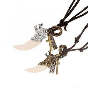 Qingwen Mixte Lot Ornement Mode Rock Personnalité Dent De Loup Collier En Cuir Vintage Collier Pendentif Homme - Neuf