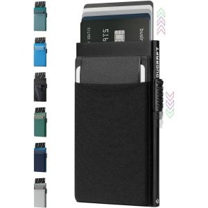 Credit Card Holder Wallet with Coin Purse, Minimalist Pop Up Card Wallet Metal Aluminum for Men RFID Blocking Holds 5-7 Cards and Money, black, Minimalist - Neuf