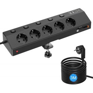 Multiprise avec USB C PD 30W, Prise de Table avec 5 Prises Secteur et 5 USB, 4000W avec Individuel Interrupteur et C&acirc;ble 2M, Parafoudre et Surtension, Mult Prise pour la Maison et le Bureau (3M, Noir) - Neuf