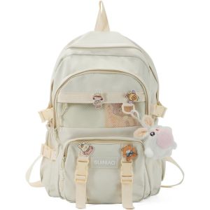 KALANKA-Sacs à dos pour enfant avec Pendentifs et badges Grande Sacs portés dos fille sac à dos nylon adolescent cartable Multi-poches (Beige) - Neuf