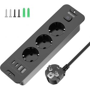 Prise escamotable avec USB, prise encastr&eacute;e 3 prises avec 2 USB, support de table encastr&eacute; avec 2 USB C, multiprise encastr&eacute;e avec c&acirc;ble de 2 m pour plan de travail, meubles, noir - Neuf