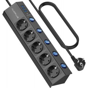 Multiprise commutable Individuellement, 5 Prises, Montage Mural, avec 1 Chargeur Rapide USB-C (PD 20 W) et 3 multiprises USB, multiprise avec Protection Contre Les surtensions (3680 W/16 A), c&acirc;ble de - Neuf