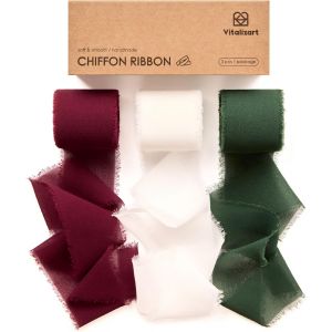 Ruban En Mousseline De Soie Vert & Blanc & Rouge 3,8 Cm X 19,2 M, Fait Main Avec Franges, Ruban Effiloch&eacute; Pour Invitations De Mariage, Bouquets De Mari&eacute;e, Cadeaux Emballages, Bricolage - Neuf