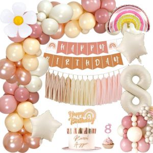 CAUC-Decoration Anniversaire 8 Ans, Boho Deco Anniversaire pour Filles, Avec Rétro Rose Ballons Anniversaire, Bannière de Happy Birthday, Deco Gateau Anniversaire pour Décoration 8 Ans Anniversaire - Neuf