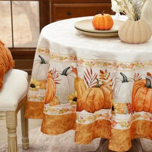 Nappe Ronde 140cm Automne Orange Anti Tache Motif Moderne Blanche Jacquard Avec Citrouille Et Feuille D'&eacute;rable Moderne Nappes Pour D&eacute;coration D'automne,Jardin,Pique Nique,Cuisine,Exterieur - Neuf