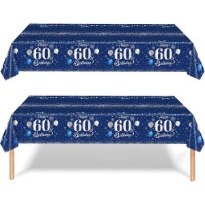 Sjzg-Lot De 2 Nappes En Plastique Bleu Marine Argent&eacute; Pour 60e Anniversaire Pour Homme Et Femme, 137 X 274 Cm, D&eacute;corations De Table Pour 60e Anniversaire Pour Lui Et Elle - Neuf