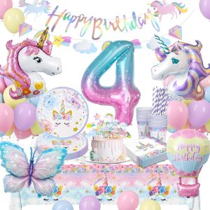MEVRONISSHOP-Vaisselle Anniversaire Licorne, 4 Ans Decoration Anniversaire Papillon, Assiettes Anniversaire Papillon Decoration pour Enfants Fille 4 Ans, 16 Invit&eacute;s - Neuf